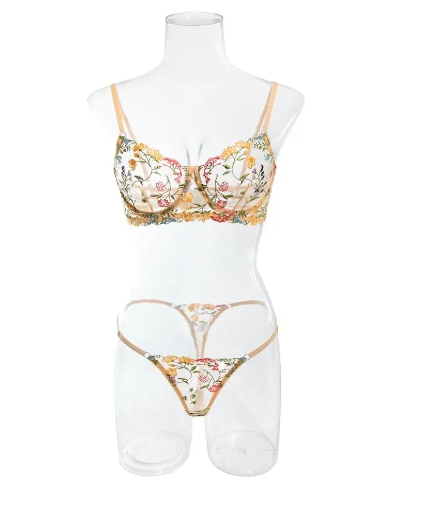 Beautiful beige exotic floral bra and thong underwear for women