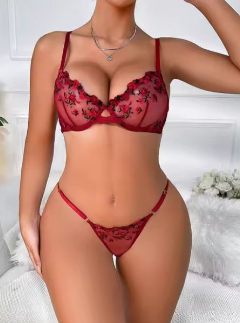 Exotic red floral lingerie set for women