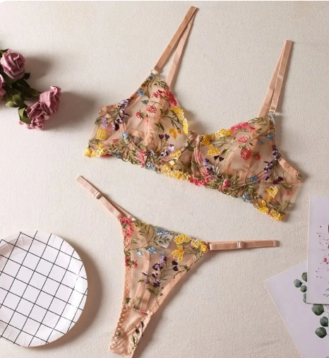 Beautiful beige exotic floral bra and thong underwear for women